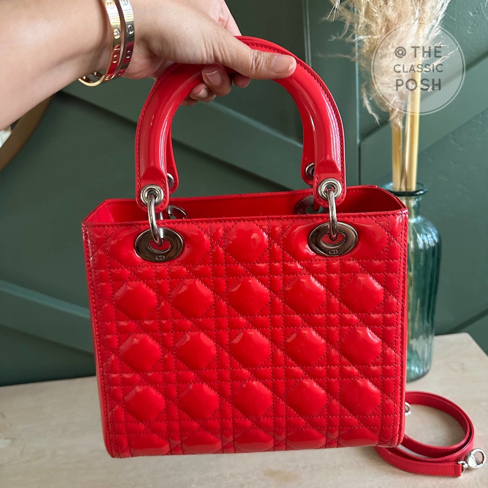 ❌SOLD❌EUC Christian Dior Lady Medium Patent Red Orange Silver HW - Picture 6 of 16